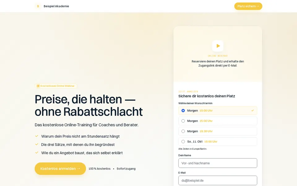 Eine von Gobinar erzeugte Anmeldeseite mit Terminwahl
