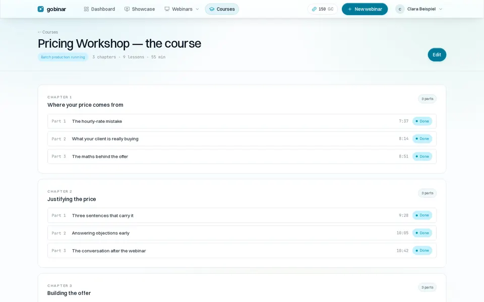 A course in Gobinar: chapters and lessons with running time and production status