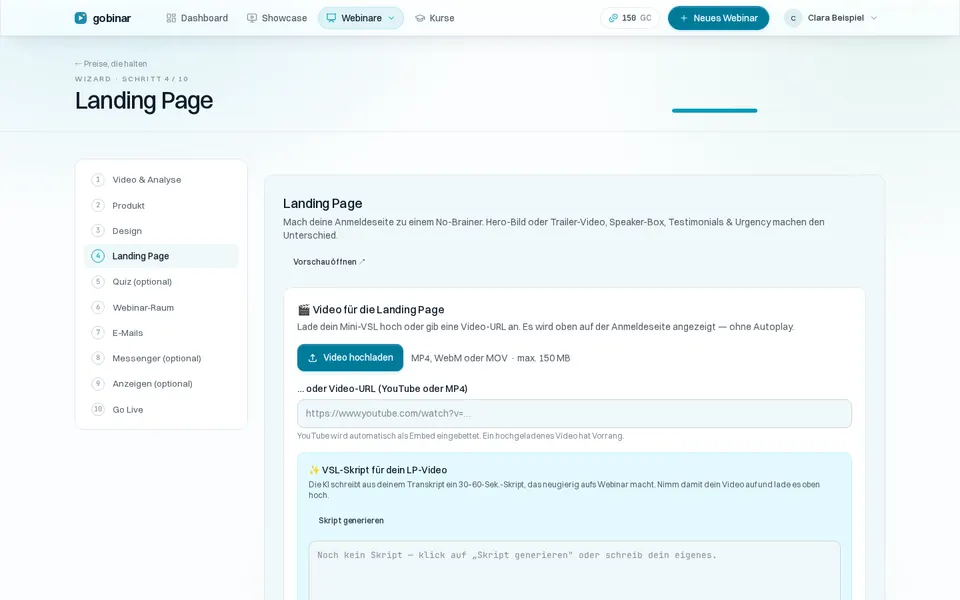 Der Schritt Landing Page im Assistenten: Video und Skript für die Anmeldeseite