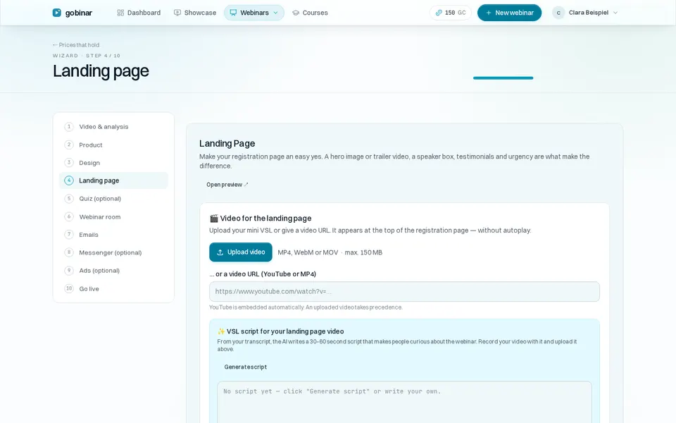 The landing page step in the assistant: video and script for the registration page