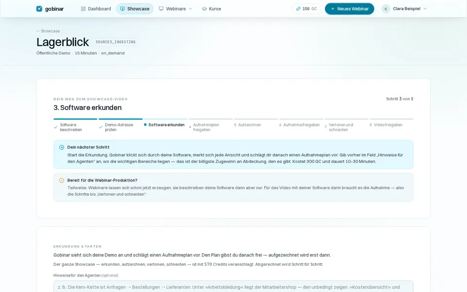 Ein Showcase-Projekt in Gobinar: der geführte Weg in acht Schritten bis zum fertigen Software-Video