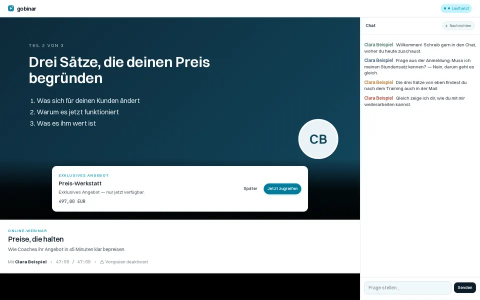Der Webinar-Raum aus Teilnehmersicht: Video, Chat und Angebot